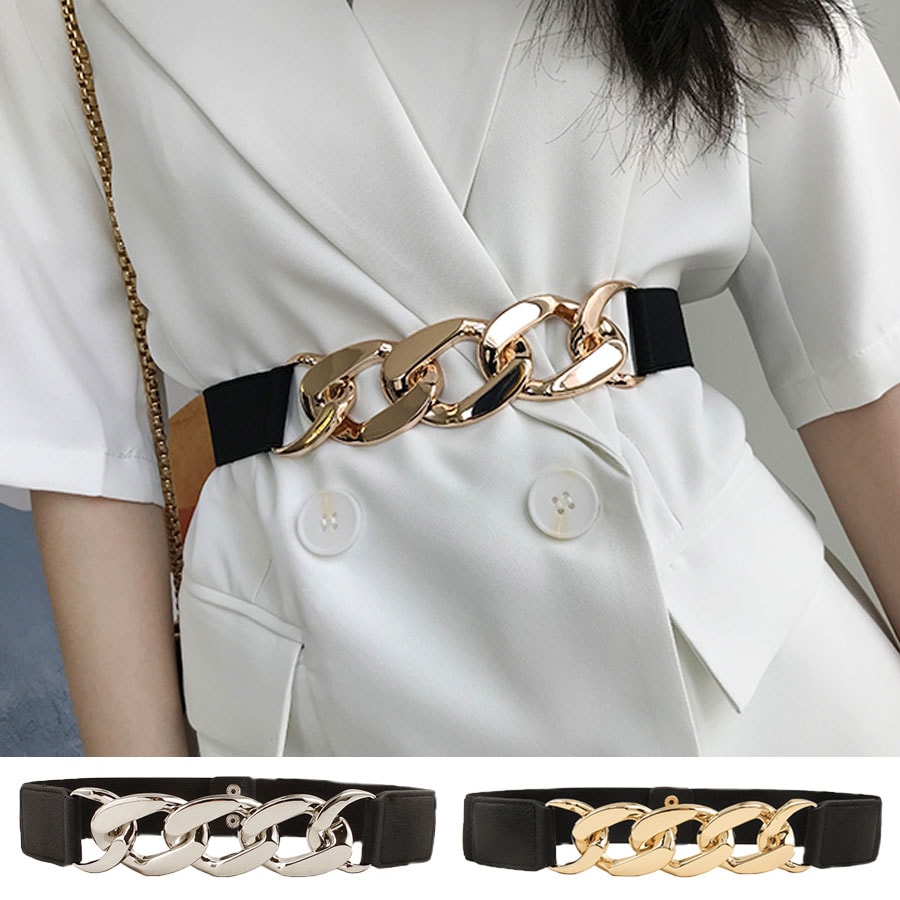 【ゴールド】幅広ビッグチェーンゴムベルト