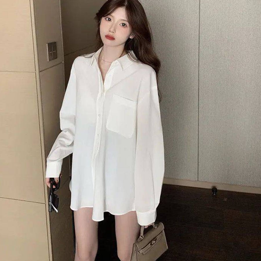 【ホワイト】ロングシャツブラウス