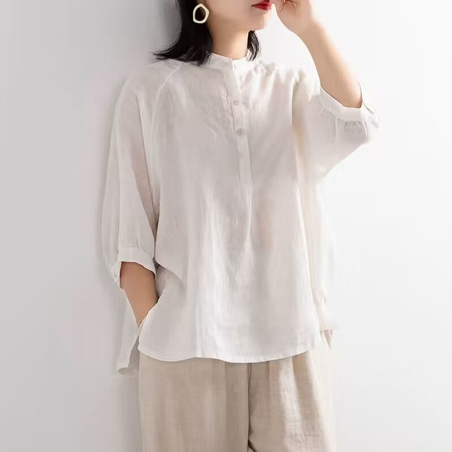 【ホワイト】七分袖ラウンドネックブラウス