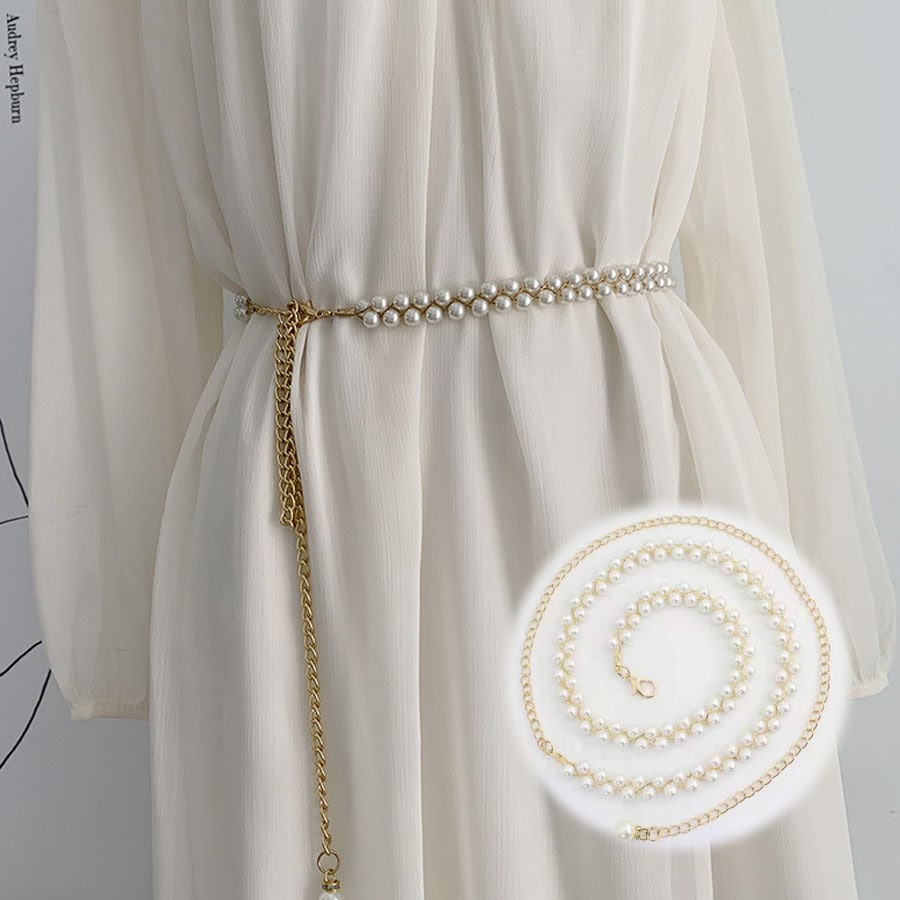 【ホワイト】2連パールチェーンベルト