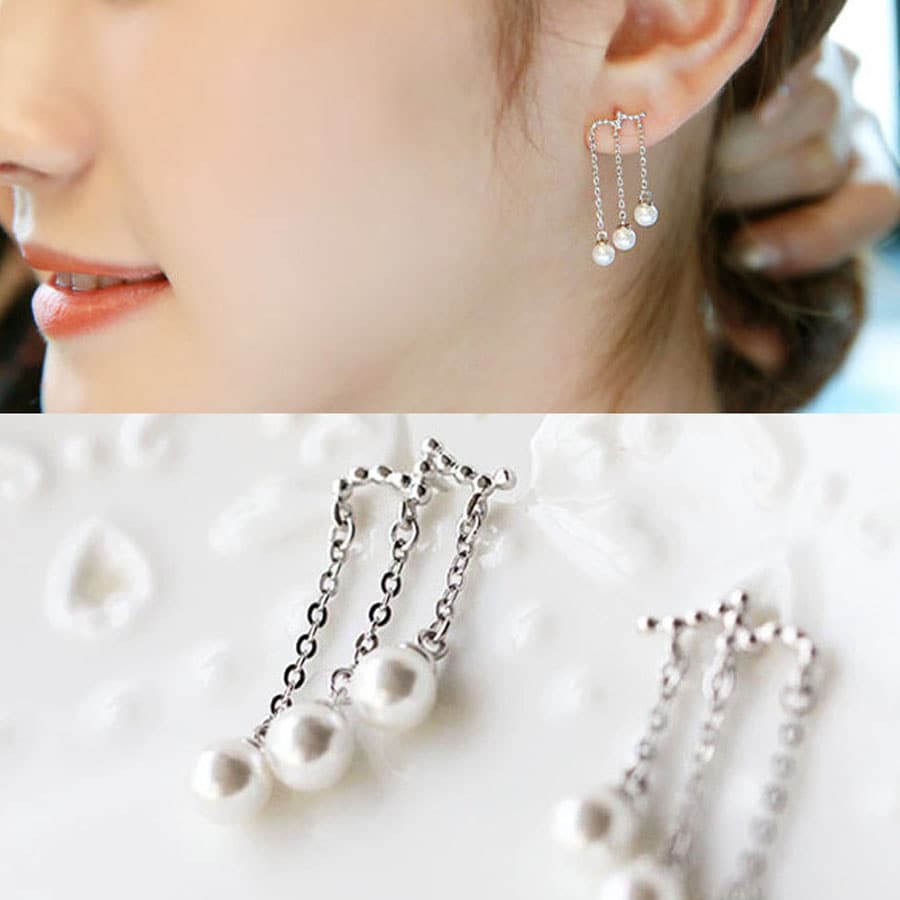 【シルバー】パール3連チェーンピアス