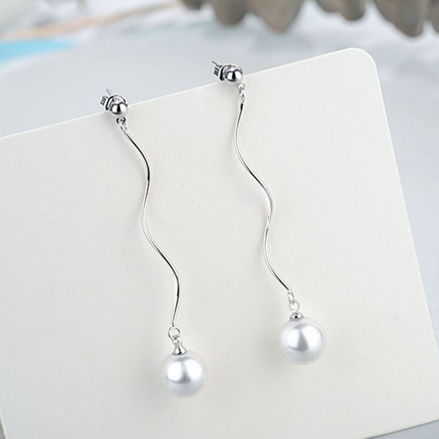 【シルバー】パールロングピアス（ウェーブ）