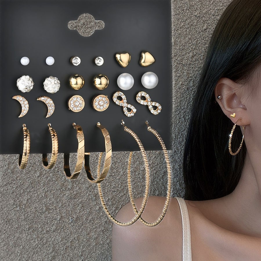 【ゴールド】様々なシーンで使えるスタッドピアス12点セット