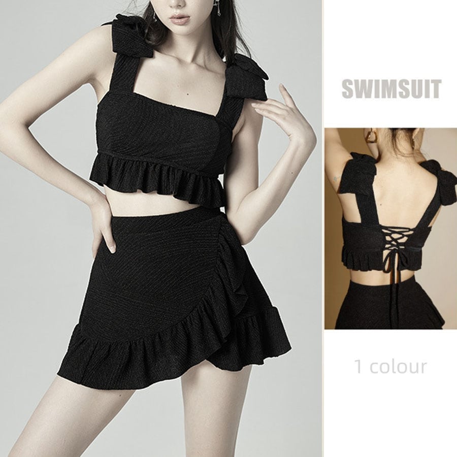 【ブラック】レディース フリル水着 上下セット