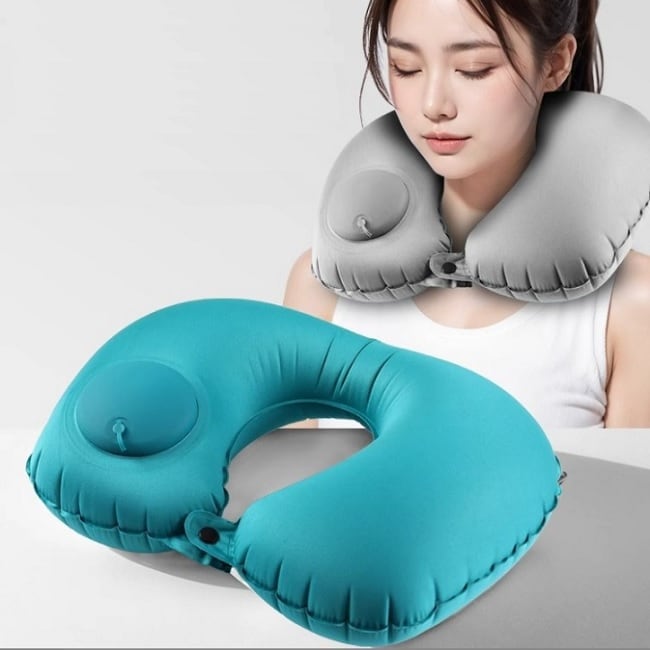 【グリーン】コンパクトに収納可能！ポンプ式ネックピロー