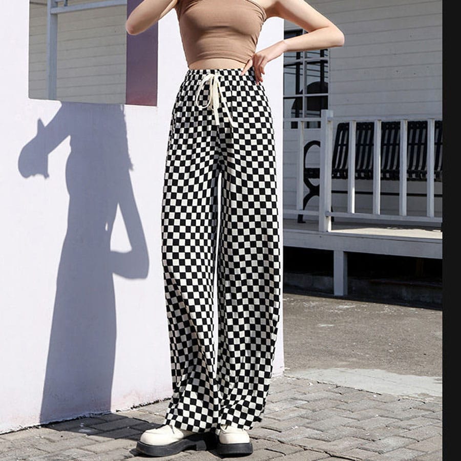 【タイプA/ブラック】ウエストゴム 柄ワイドパンツ