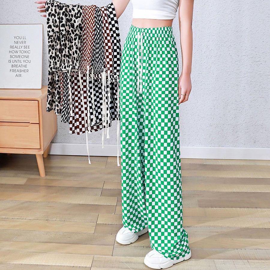 【タイプA/グリーン】ウエストゴム 柄ワイドパンツ