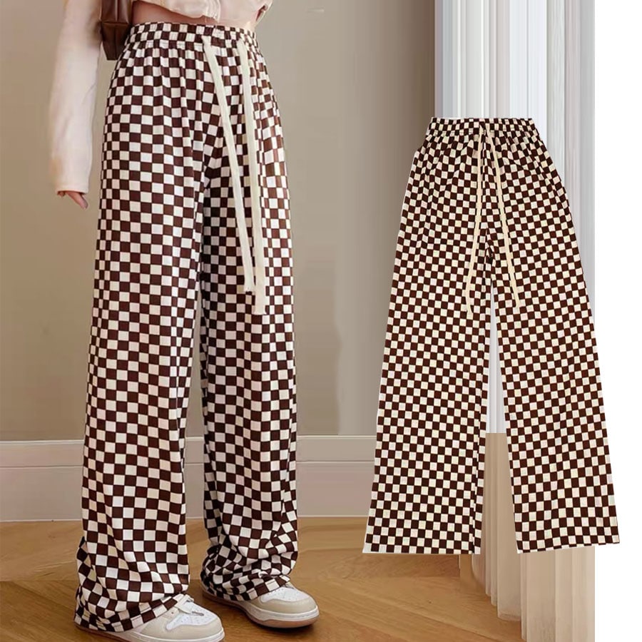 【タイプA/キャメル】ウエストゴム 柄ワイドパンツ