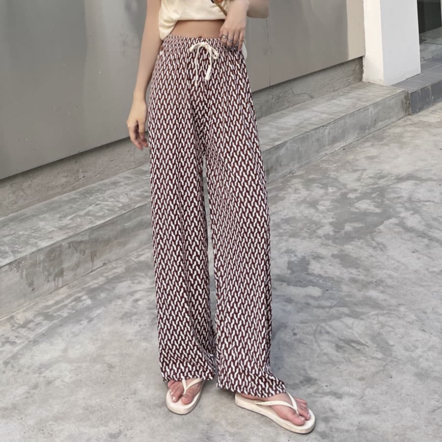 【タイプB/キャメル】ウエストゴム 柄ワイドパンツ