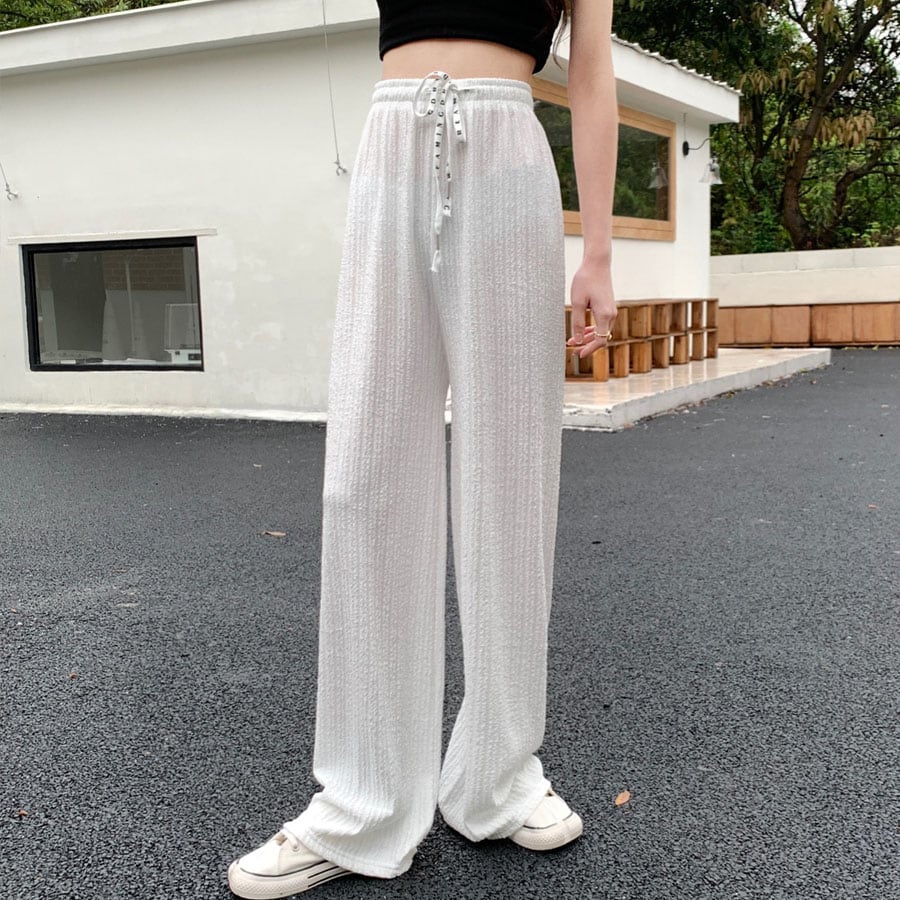 【ホワイト】ウエストゴムリラックスワイドパンツ