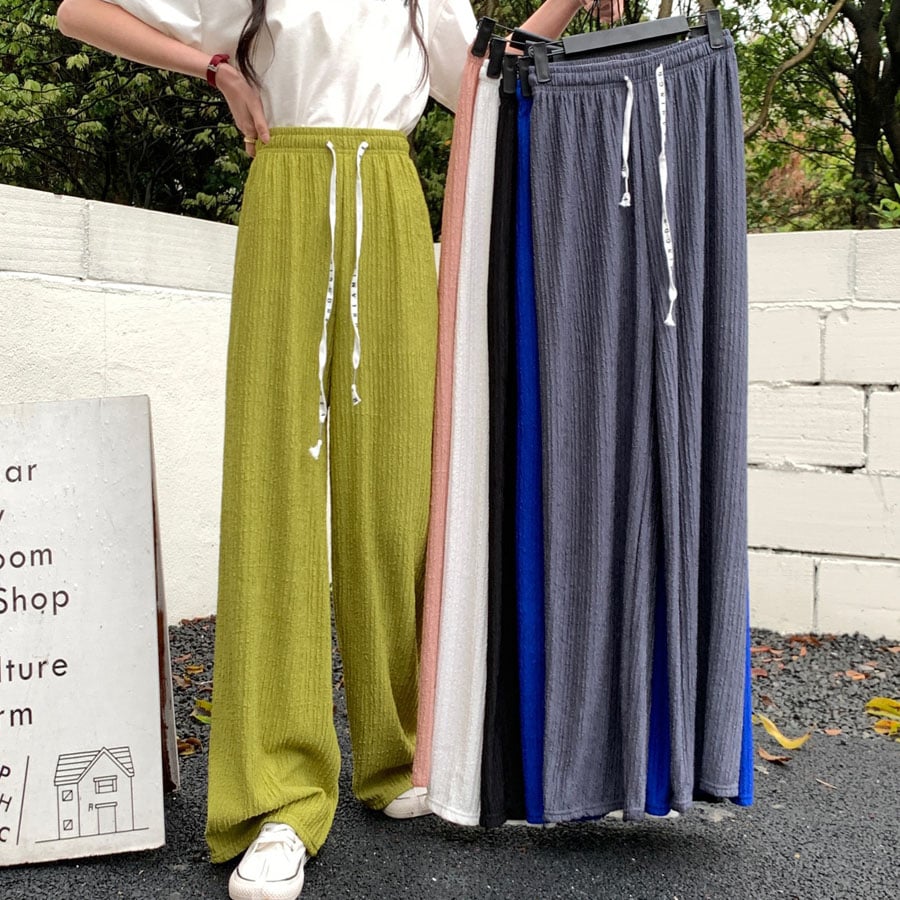 【グリーン】ウエストゴムリラックスワイドパンツ