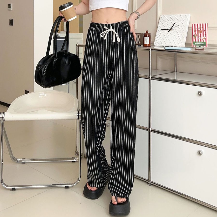 【ブラック】 ストライプワイドパンツ