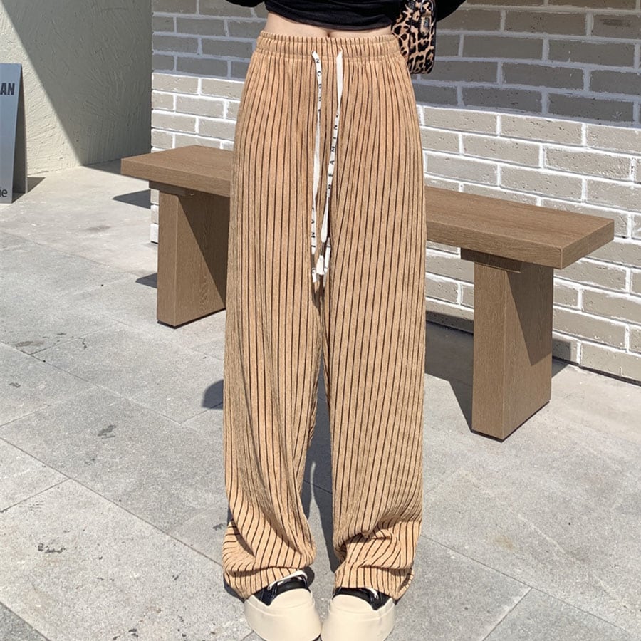 【キャメル】 ストライプワイドパンツ