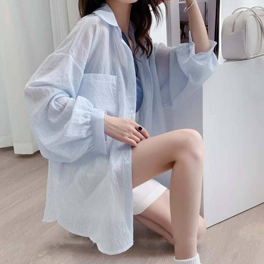 【ライトブルー】シャツカーディガン 透け感ボーダー