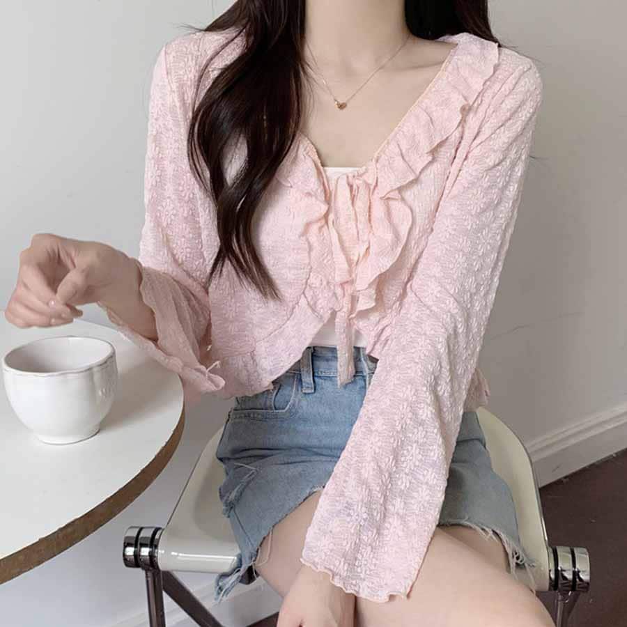 【ピンク】透かし編みサマーカーディガン