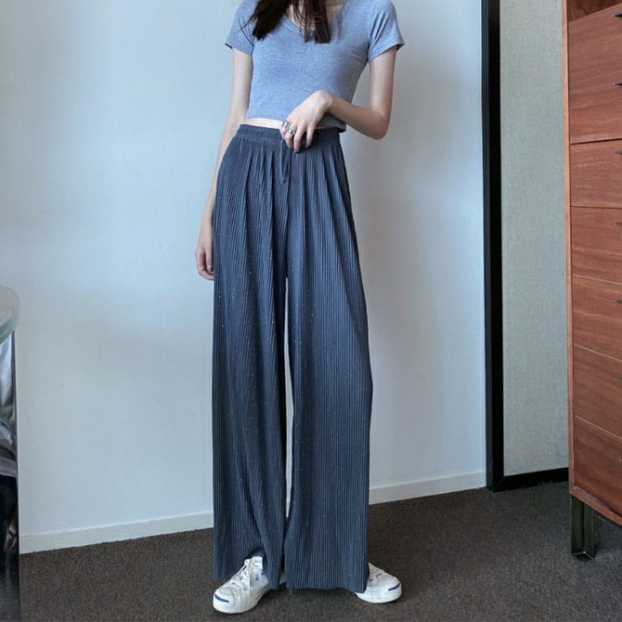 【ブルー】ウエストゴム ラメプリーツワイドパンツ