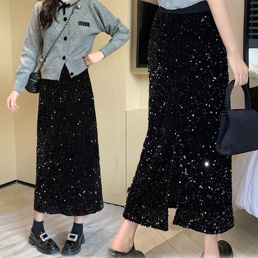 【ブラック】スパンコールミディ丈スカート