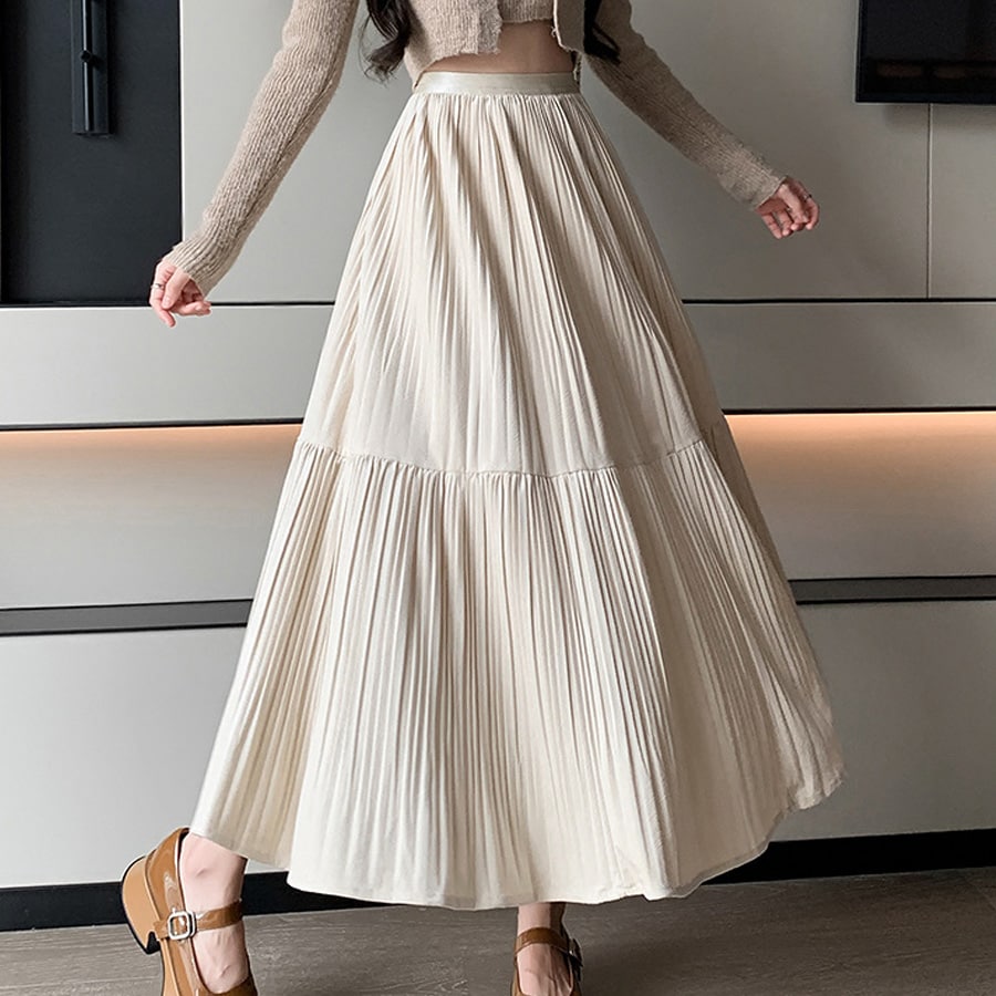 【ベージュ】プリーツロングスカート