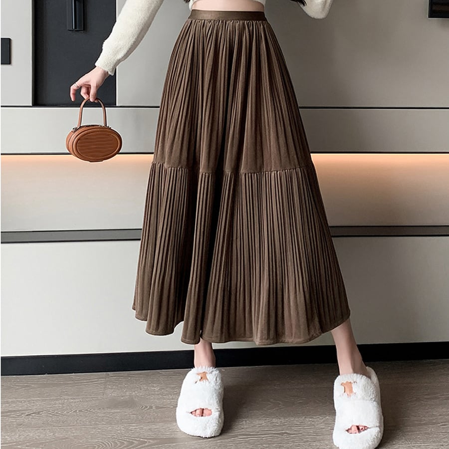 【ブラウン】プリーツロングスカート