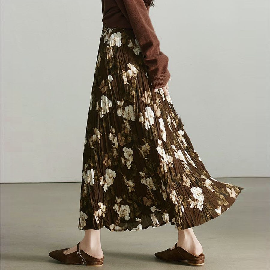 【ブラウン】花柄 ロングフレアスカート