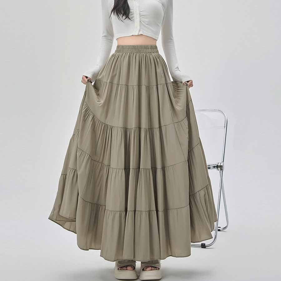 【オリーブ】マキシ丈 ティアードスカート