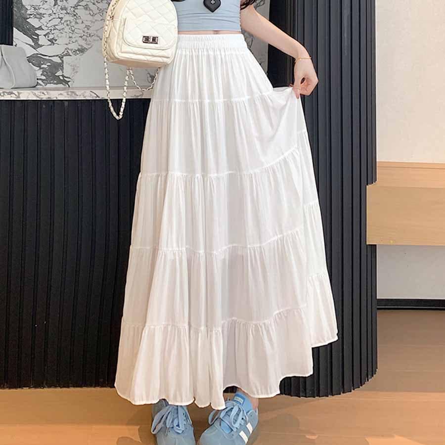 【ホワイト】マキシ丈 ティアードスカート