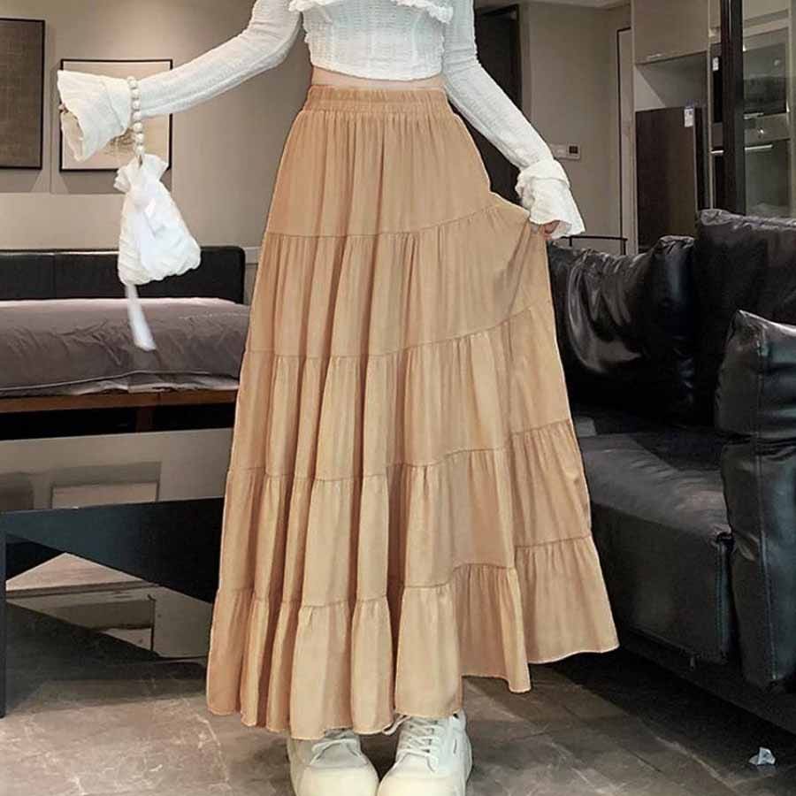 【キャメル】マキシ丈 ティアードスカート