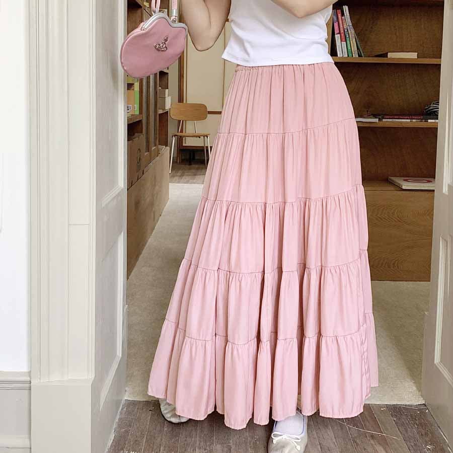 【ピンク】マキシ丈 ティアードスカート