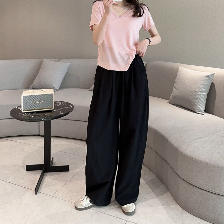 【ブラック】ウエストゴム ストレートサマーパンツ