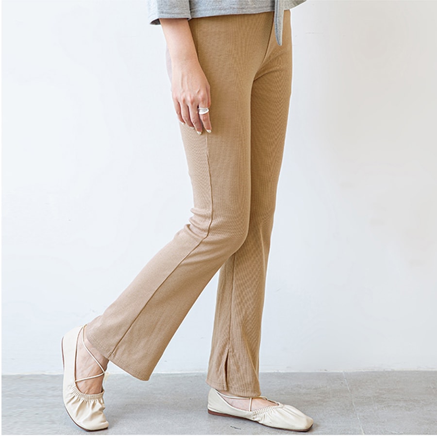 【ベージュ/フラットタイプ】 ウエストゴム フレアリブパンツ