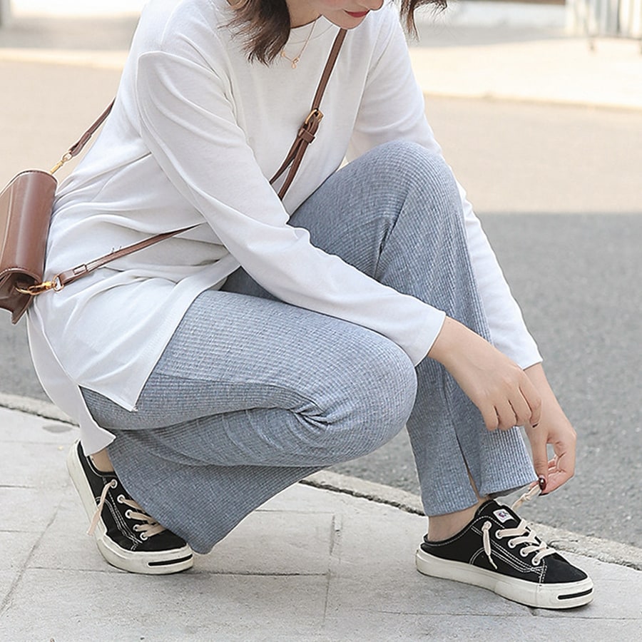 【ライトグレー/フラットタイプ】 ウエストゴム フレアリブパンツ