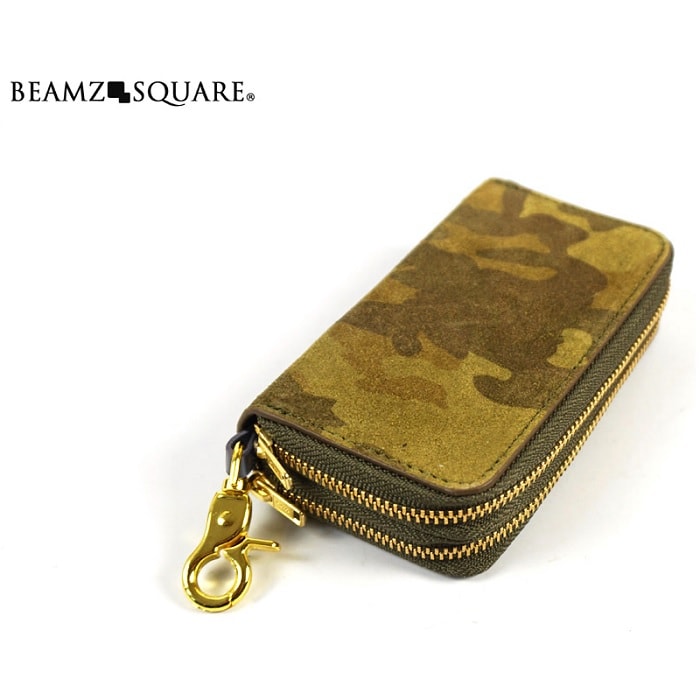 【グリーン】BEAMZSQUARE 牛革スエード製 迷彩柄 マルチキーウォレット BS-1783GR
