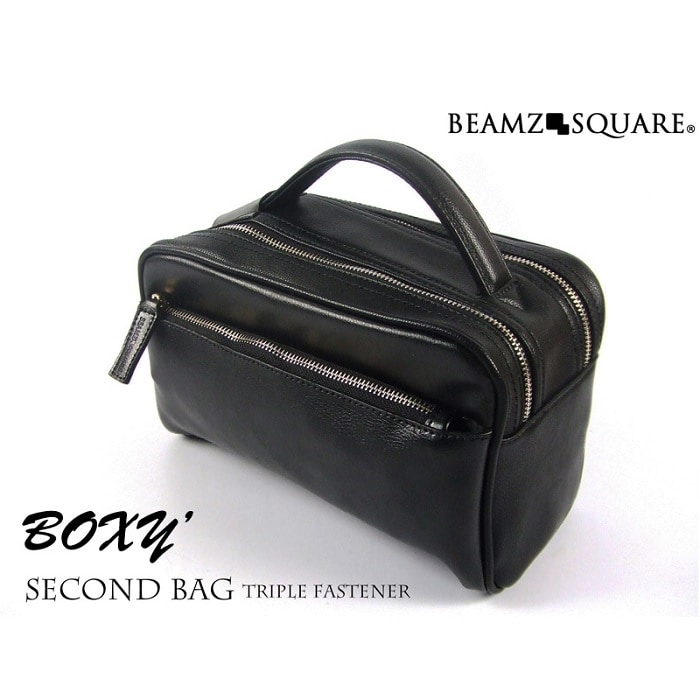 BEAMZSQUARE 牛革製 BOXY スタイル セカンドバッグ BS-2405BK