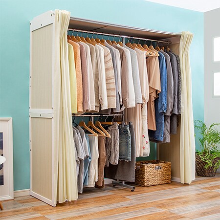 【ホワイトウォッシュ】木製伸縮式クローゼットハンガーラック/横幅約118cm-最大190cm伸縮可能