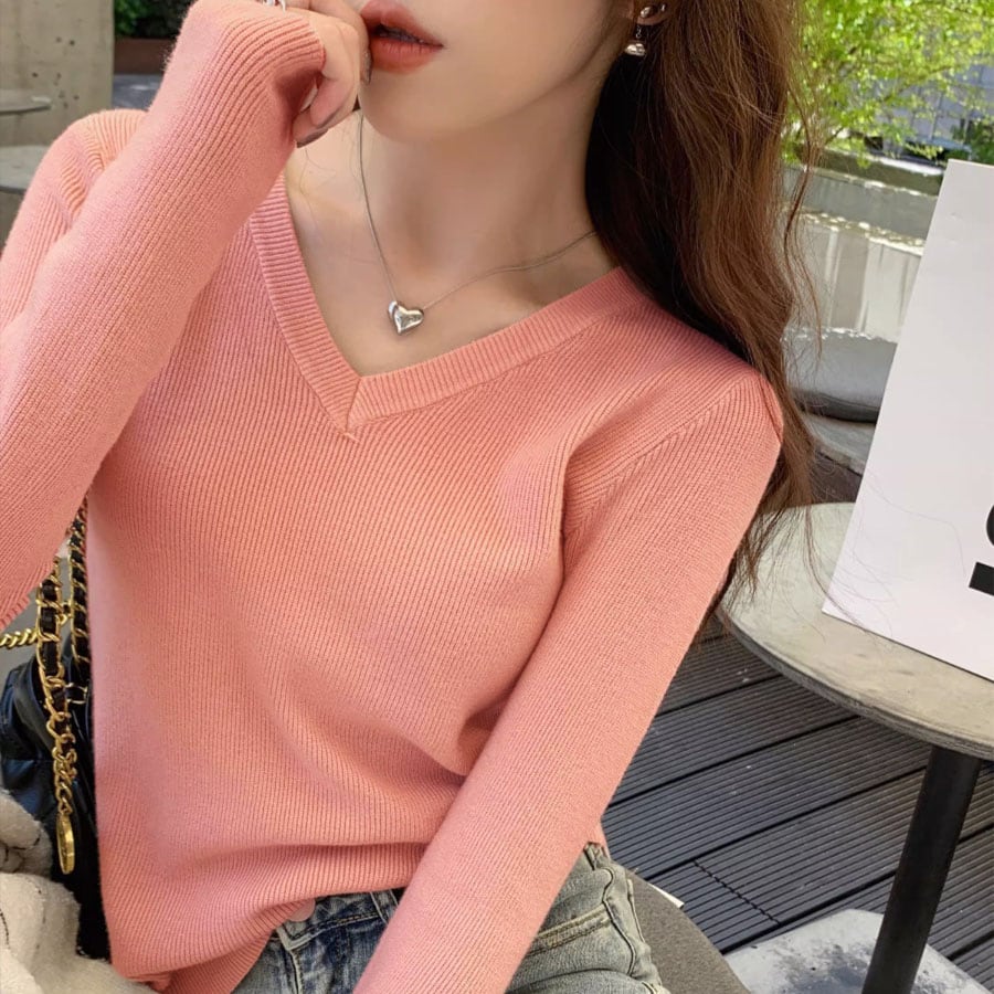 【ピンク】薄手 Vネックニットソー