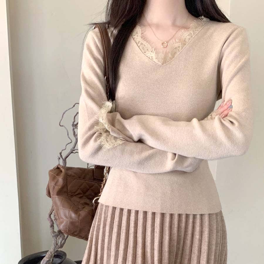 【ベージュ】レース切り替えニットセーター