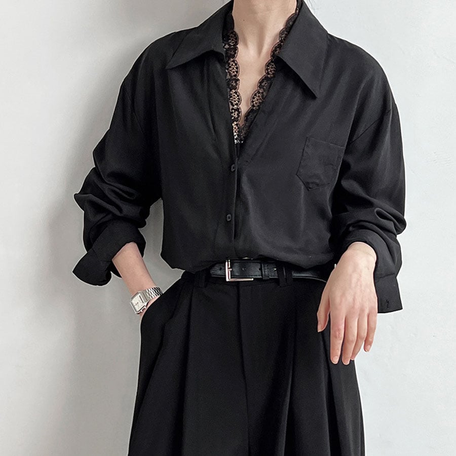 【ブラック】 レース付きシャツ