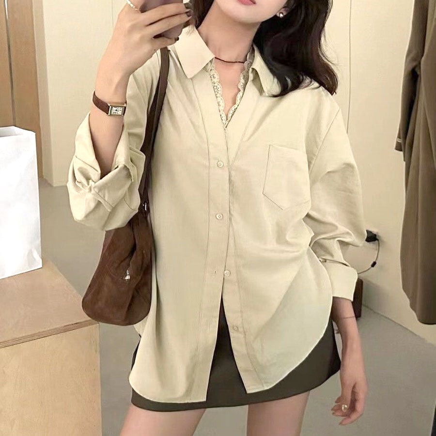 【ベージュ】 レース付きシャツ