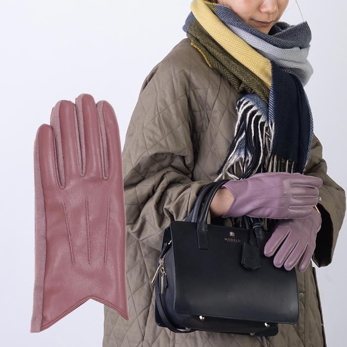 【パープル】フェイクレザー あたたかくおしゃれな裏起毛手袋