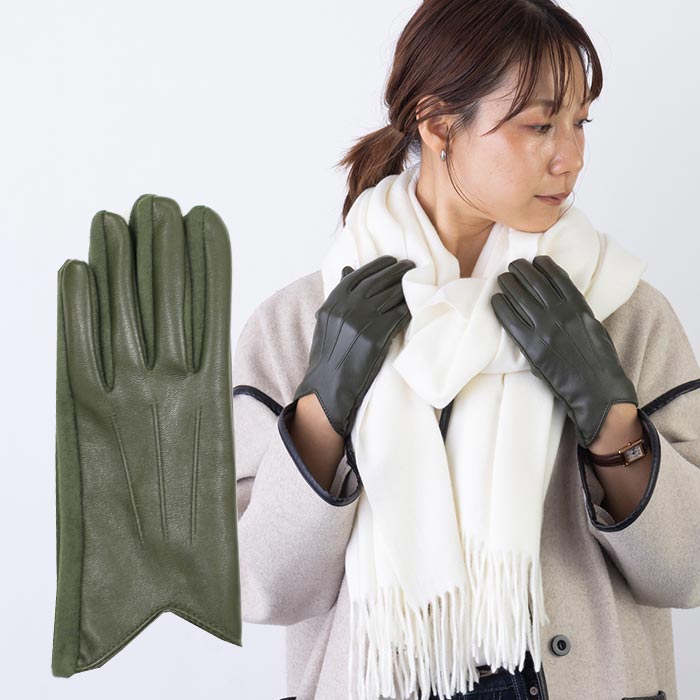 【カーキ】フェイクレザー あたたかくおしゃれな裏起毛手袋
