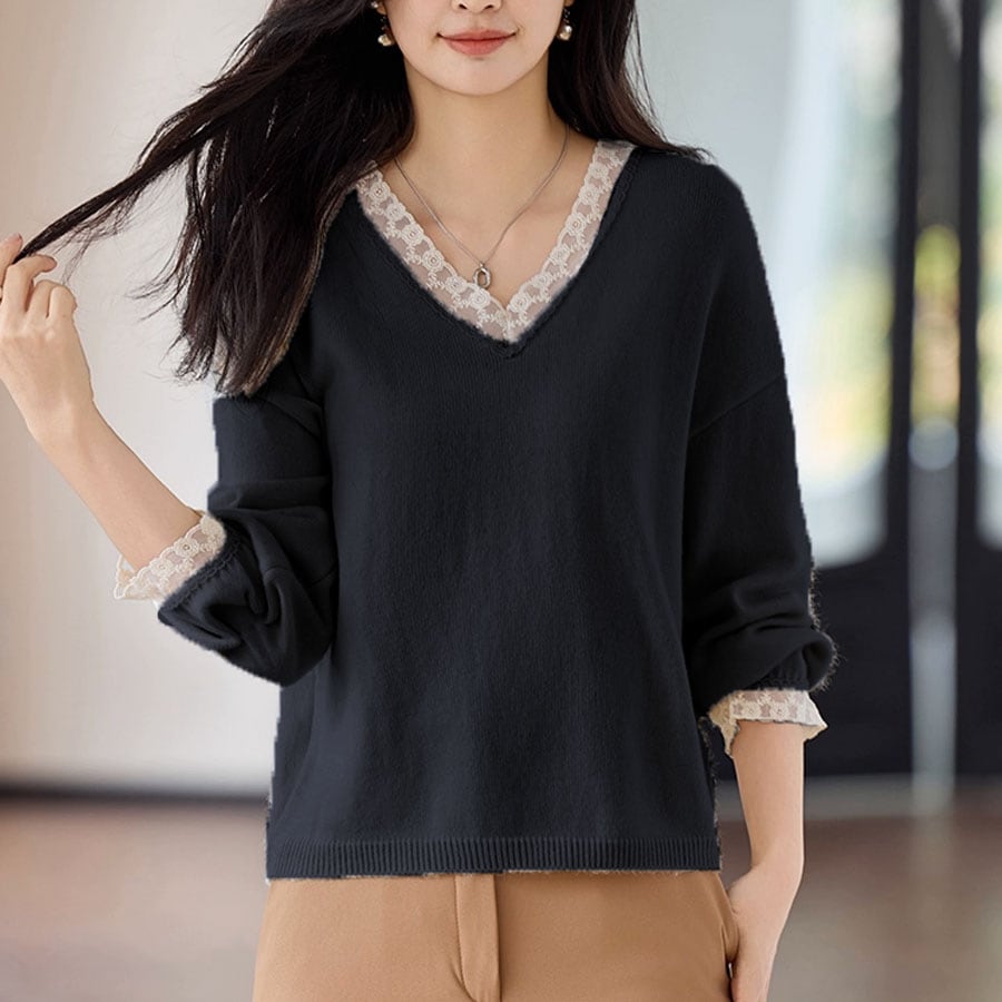 【ブラック】レース切り替え Vネックニットトップス