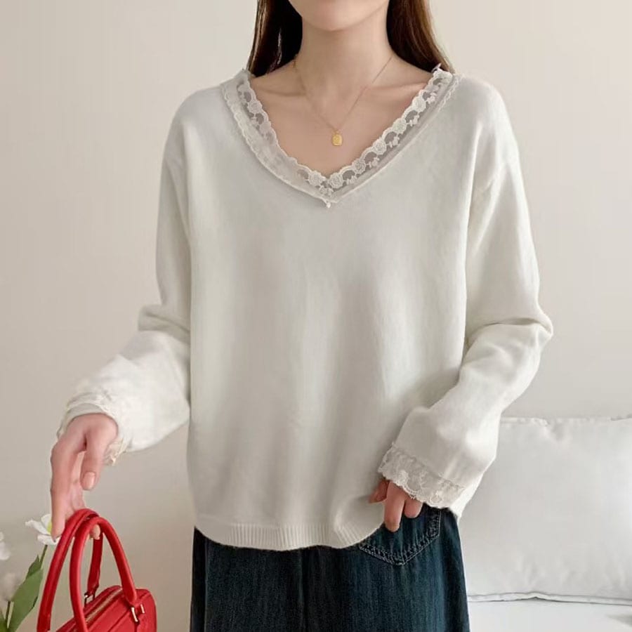 【ホワイト】レース切り替え Vネックニットトップス