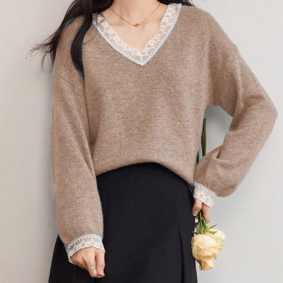【キャメル】レース切り替え Vネックニットトップス