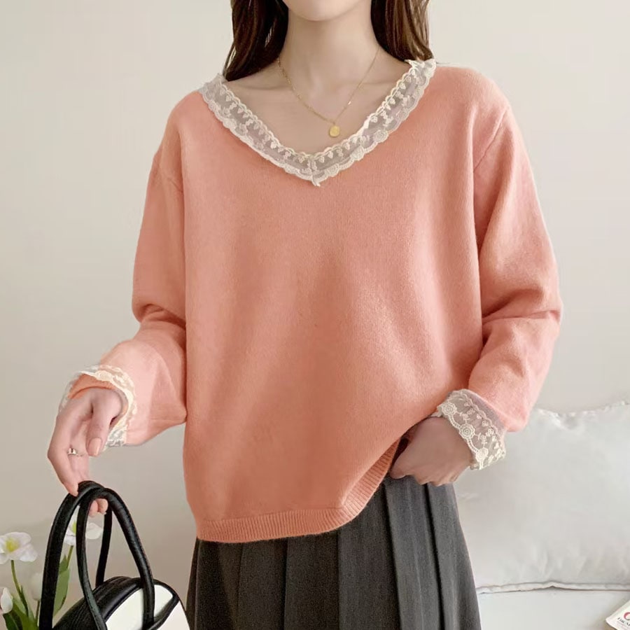 【ピンク】レース切り替え Vネックニットトップス