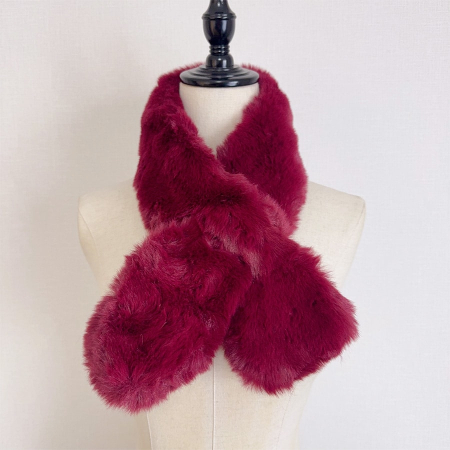 【ワインレッド】ふわふわマフラー ティペット 差し込みタイプ