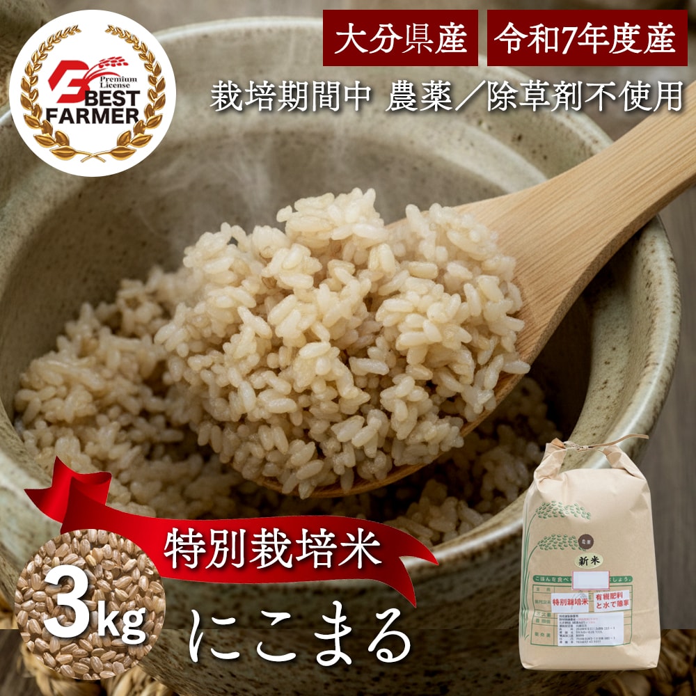 【玄米3kg】特別栽培米 大分県産 宗像農園 にこまる 栽培期間農薬不使用 令和7年産