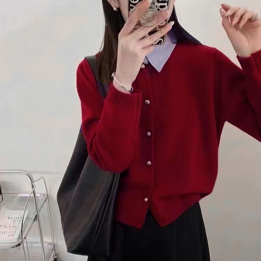 【ワインレッド】襟付き長袖ニットセーター