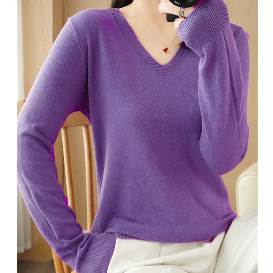 【パープル】薄手Vネックニット