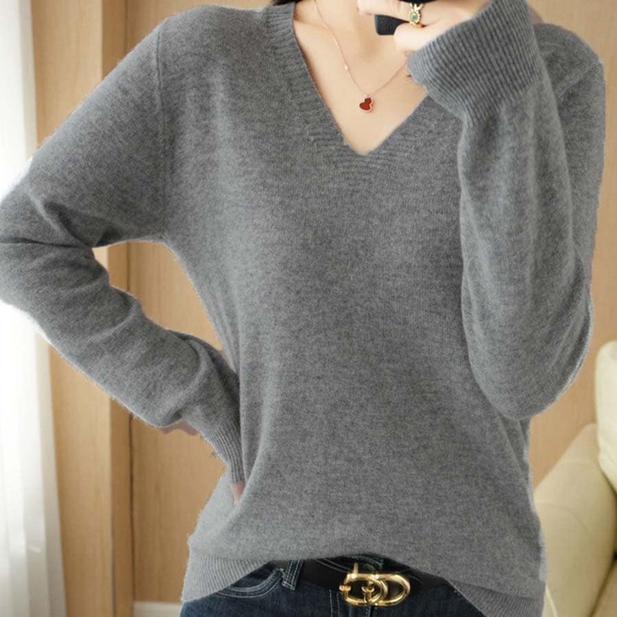 【グレー】薄手Vネックニット