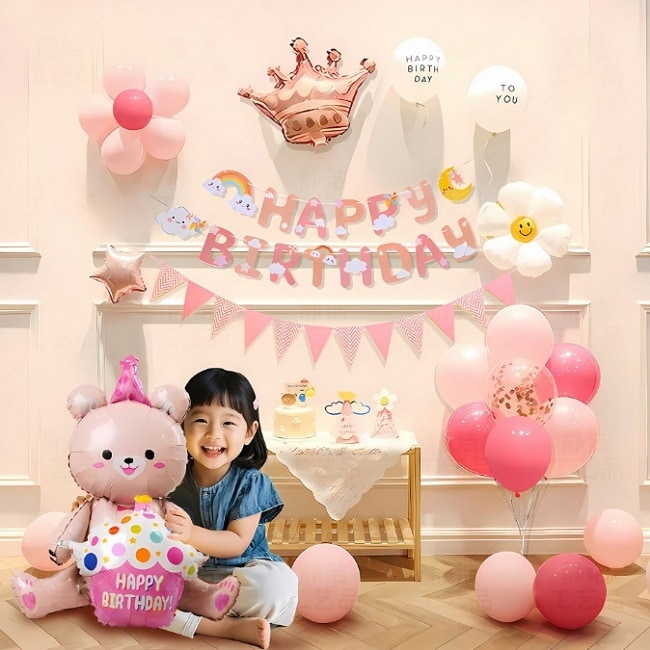 女の子が喜ぶ！ベア＆お花のバスデーバルーン＆ガーランドセット